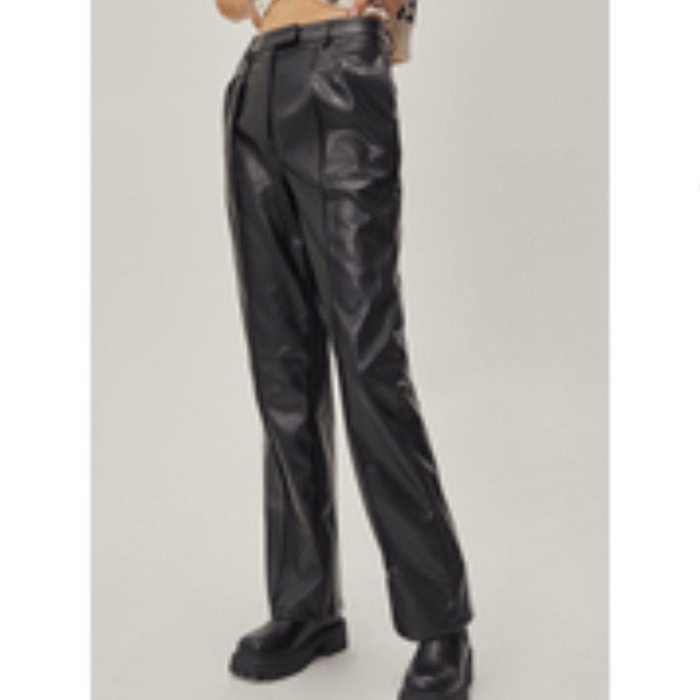 Nasty Gal Black Faux Leather Straight Leg Pleated Pants